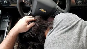 Latina wife blows husband in car in park during lunch break
